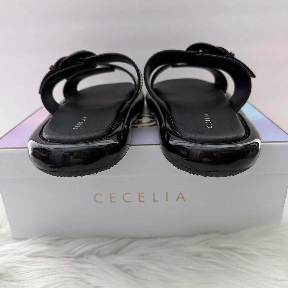 Cecelia New York Jump Womens 8M Black Patent Buckle Platform Slide Sandals